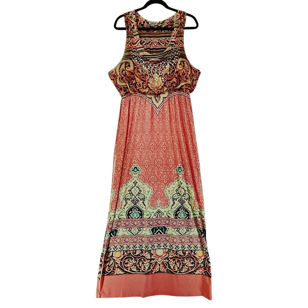 One World Maxi Dress L Womens Peach Paisley Embellished Resortwear Boho Festival